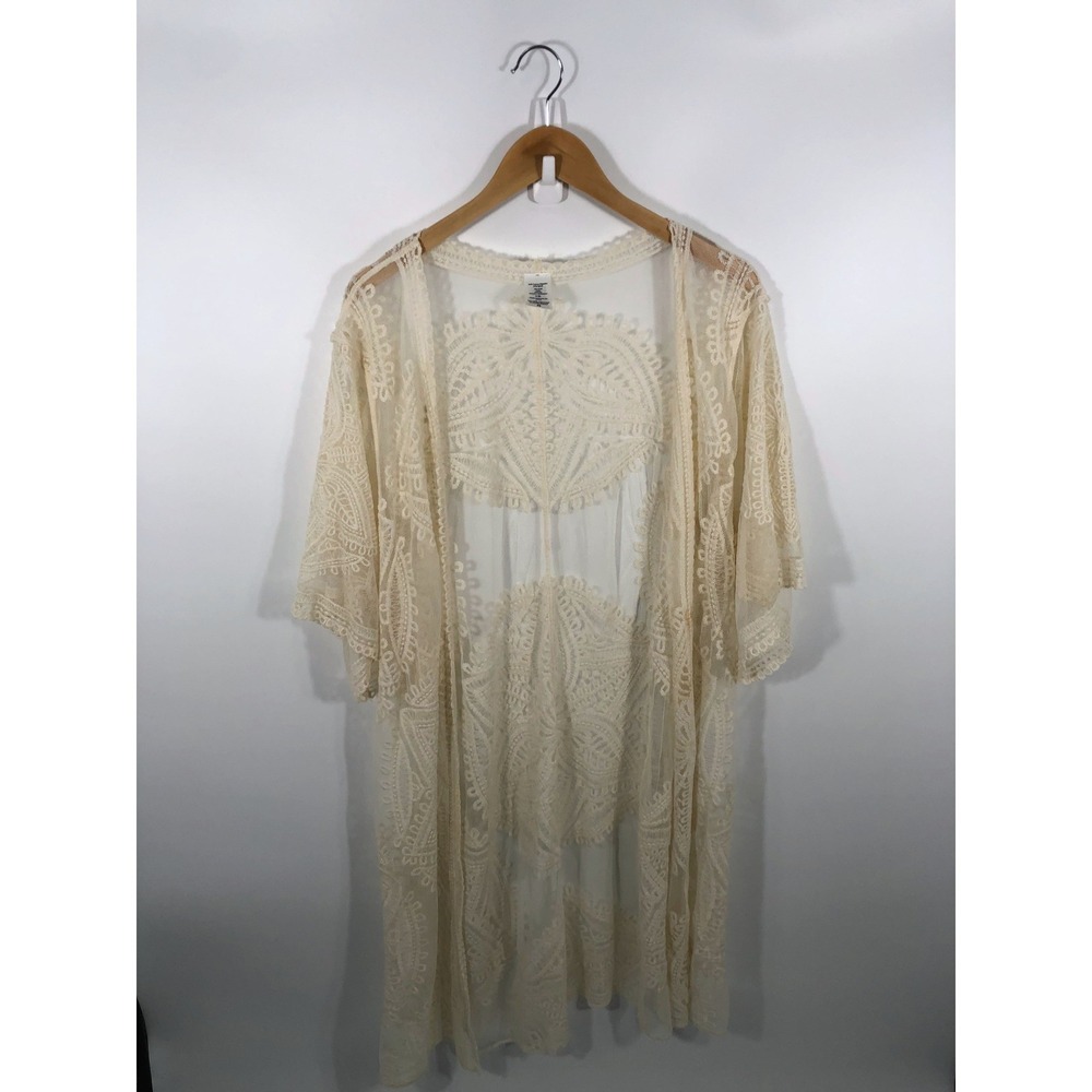 Kimono Womens L/XL Cream Sheer Lace Boho Chic Hippie Festival Concert Layer